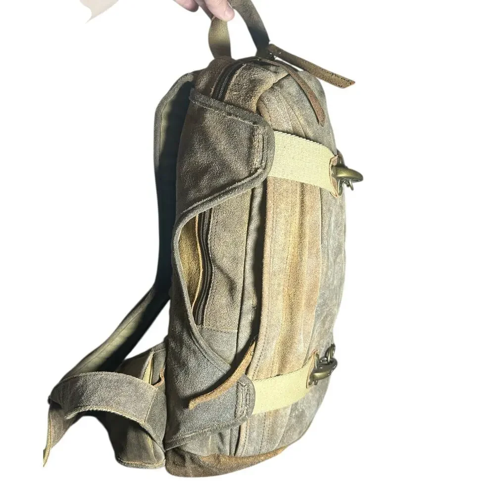 Wilsons Leather M. Julian Suede Backpack Tan Distressed Brass Buckle rare unique